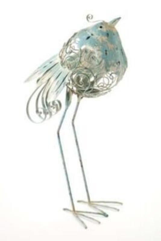 Very tall cream and pale blue weathered metal bird T-light holder by Heaven Sends. For indoors or outdoors. Lift head to place the candle inside. Size 42x24x70cm